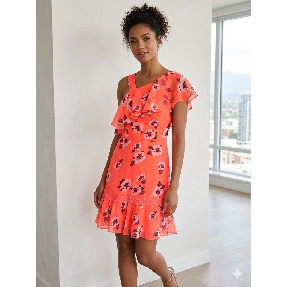 Women's Express Orange Pink Floral One Shoulder Ruffle Fit & Flare Mini Dress 2
